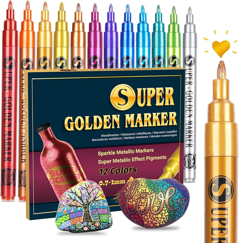 SAKEYR Super Golden Metallic Paint Markers, 12 Colors Sparkle Metallic Glitter Markers, 0.7mm Extra Fine Point Acrylic Paint Pens for Rock Painting, Glass, Wood, Black Paper, Scrapbook, DIY Art Crafts - Image 1